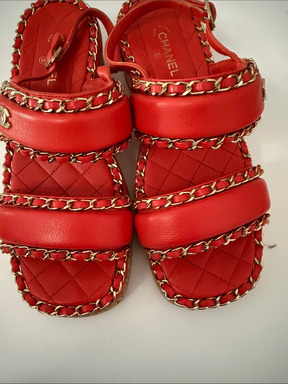 CHANEL Red Quilted Chain-Trim Slide Sandals with Gold CC Accent - Picture 5 of 6